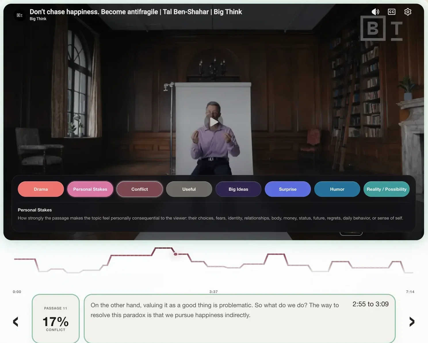 TubeCrisp video view with the colored metric selector open